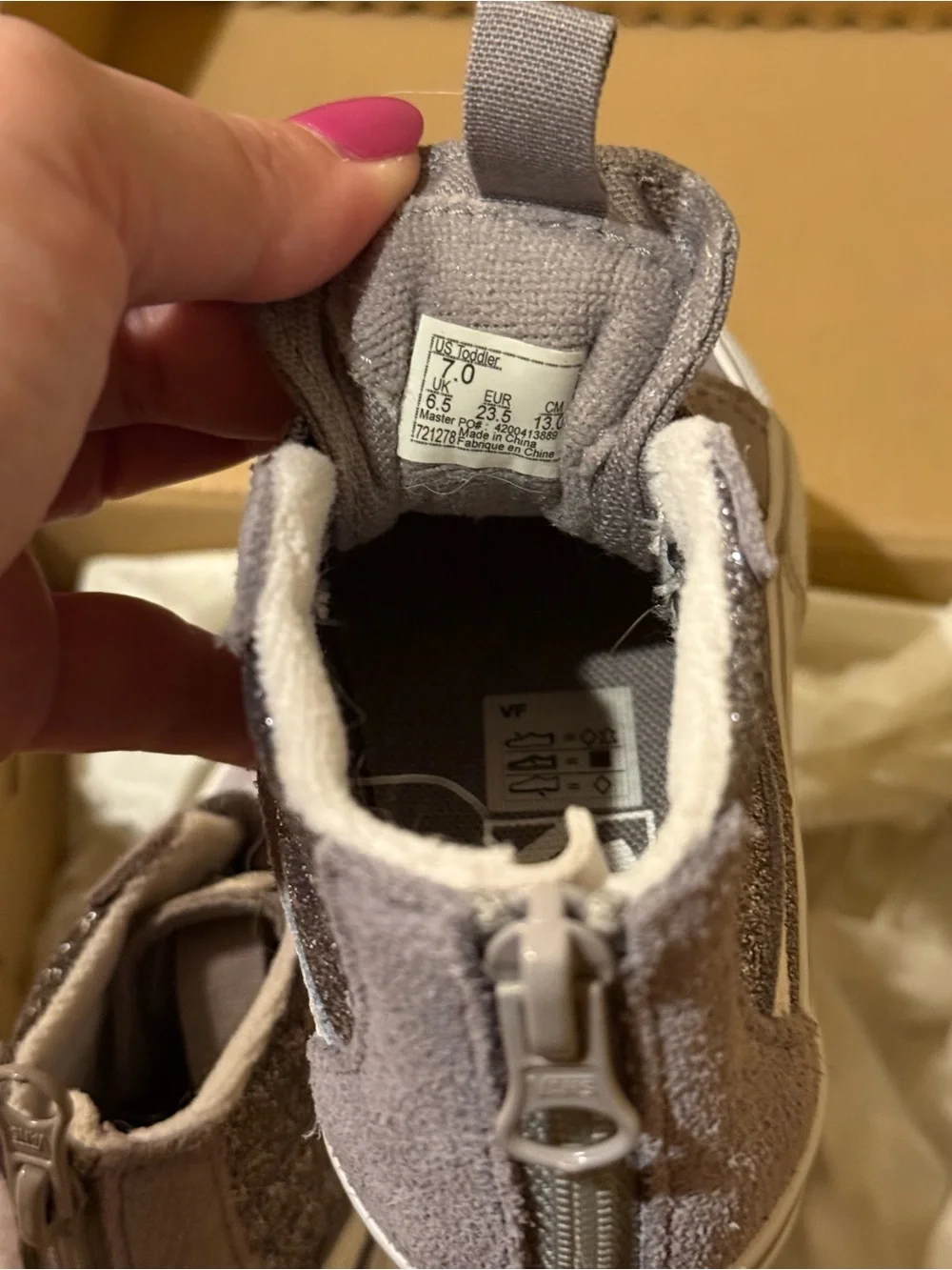 Vans Toddler High-Top Glitter Sneakers in Gray and White